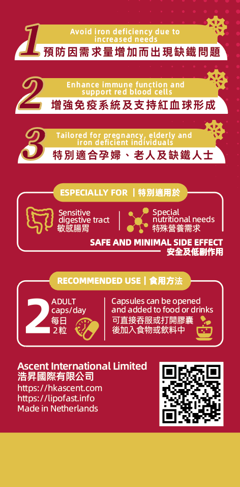 Iron deficiency. Anemia. Immune. Red blood cells. Pregnancy. Elderly. Safe and minimal side effect. Ascent. LipoFast. B12. Iron.